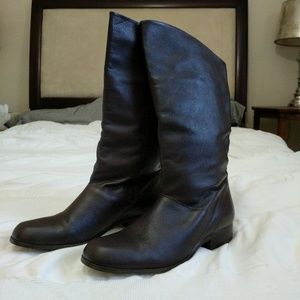 dark brown leather mid-calf boots